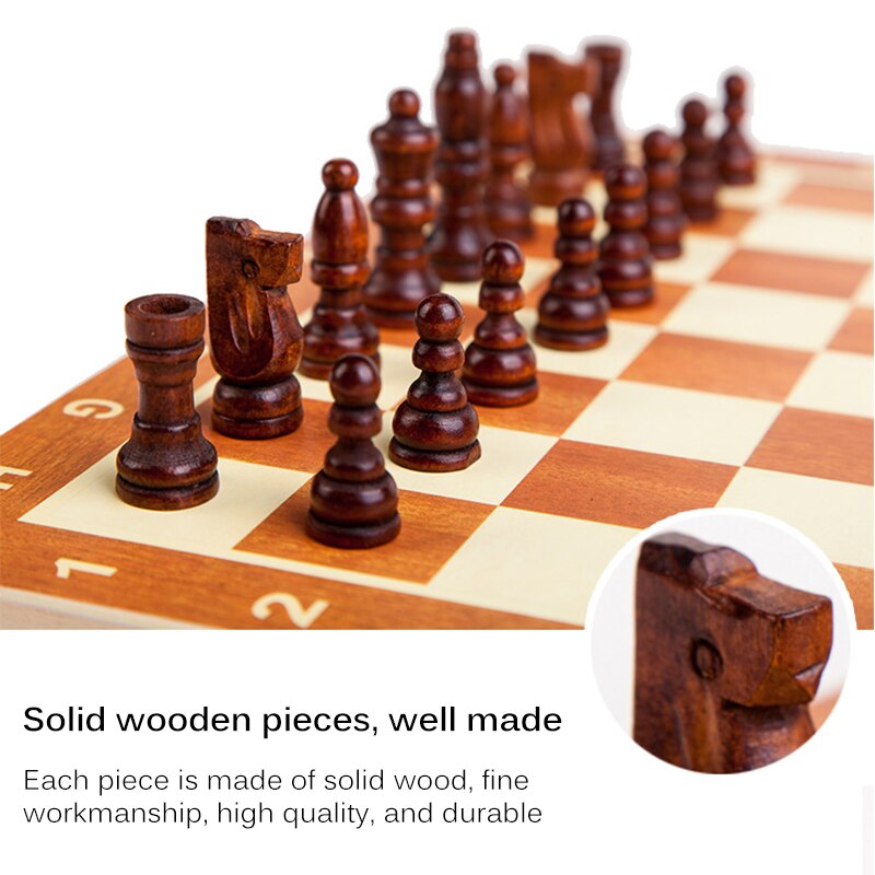 Chess Set Wooden Chess Game Backgammon Checkers Indoor Travel Chess Wooden Folding Chessboard Chess Pieces Chessman