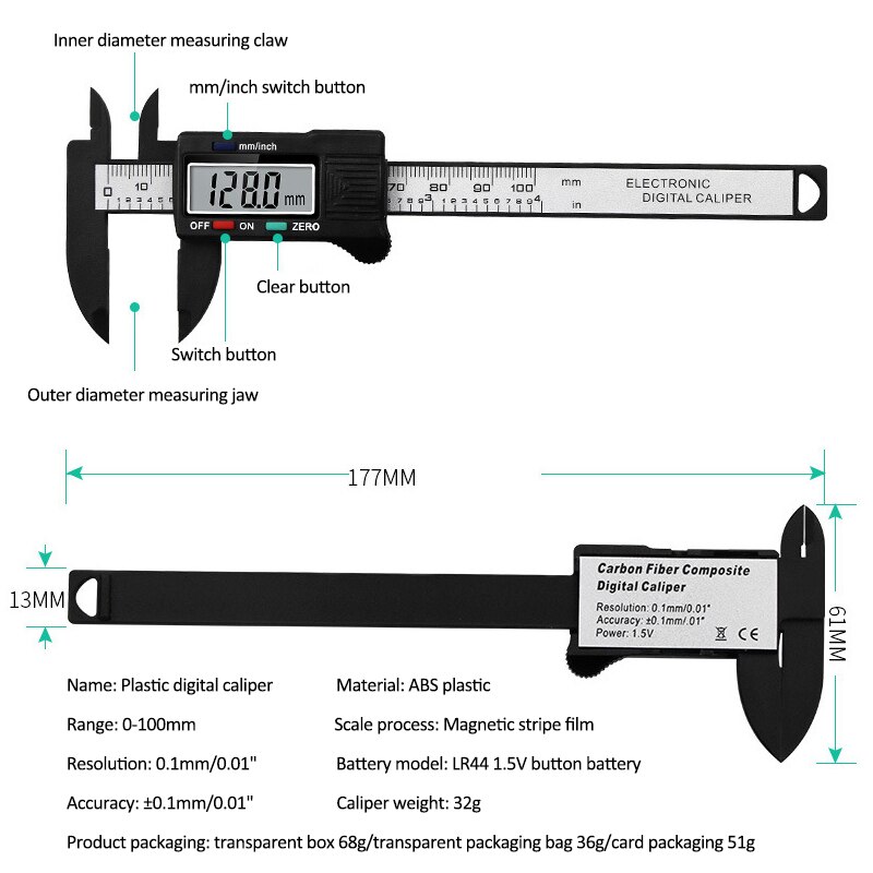 0-100mm Digital Caliper Carbon Fibre Vernier Calipers Plastic Gauge Micrometer Ruler Measuring Tools Instrument For Woodworking