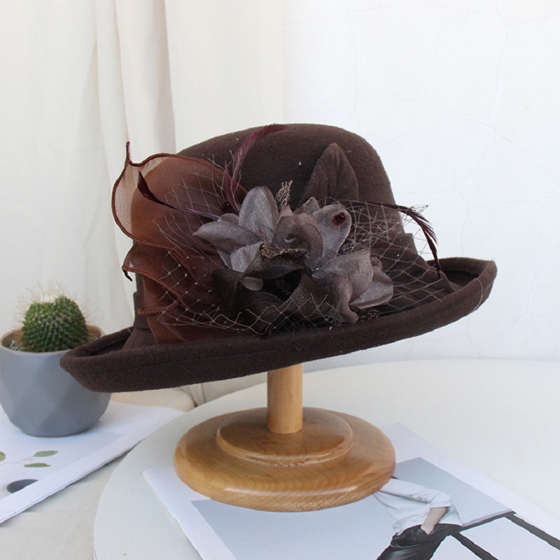 Sombrero de lana con flores para mujer, gorro cálido de ala ancha, , para , decoración, otoño e invierno,: A2