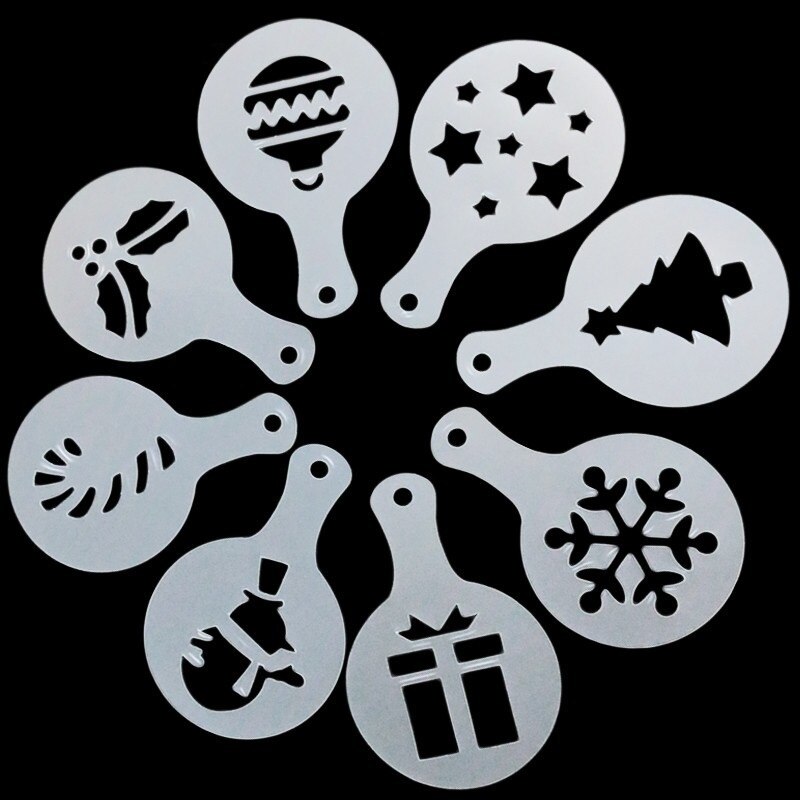 8pcs/Set Christmas Tree Snowflake Gingerbread Man Cupcake Stencil Tool Cookie Coffee Milk Cappuccino Template Mold