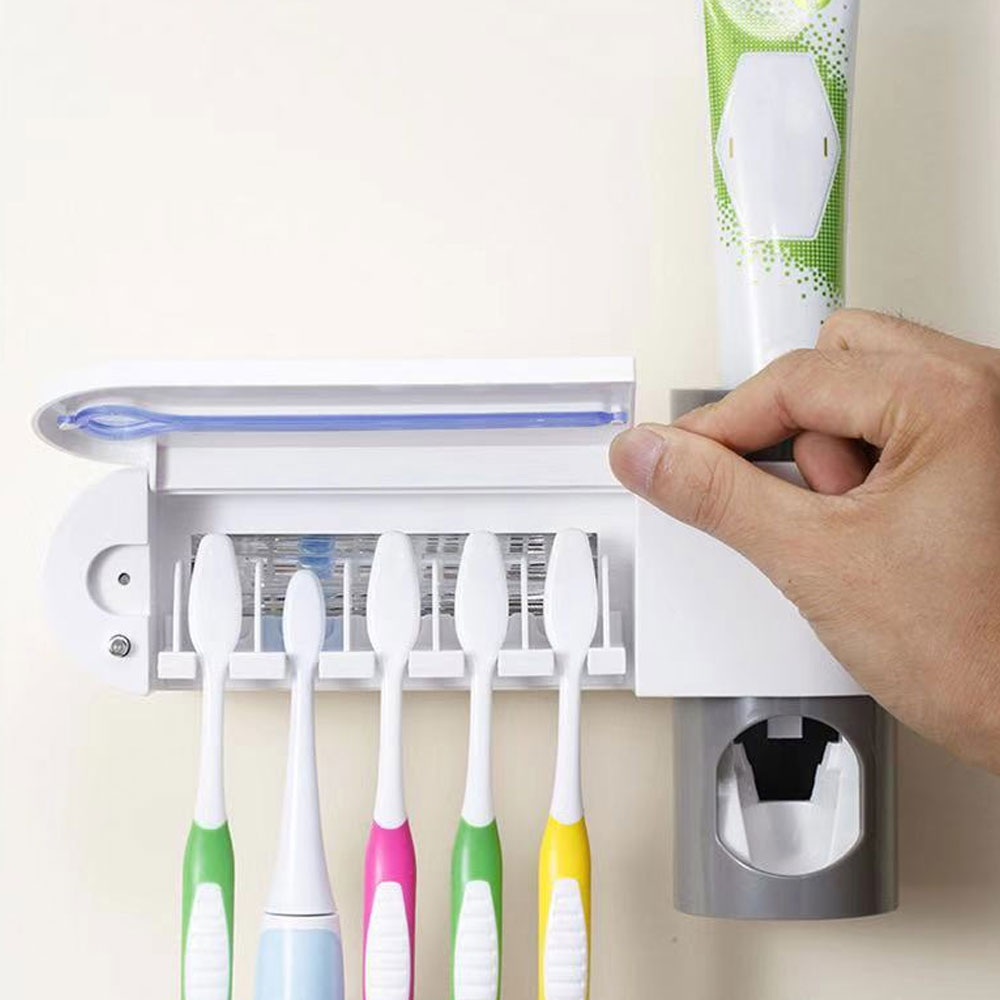 Accesorios de baño, soporte para cepillo de dientes, dispensador automático de pasta de dientes, soporte para montaje en pared, estante, utensilios para el baño, 1 Juego