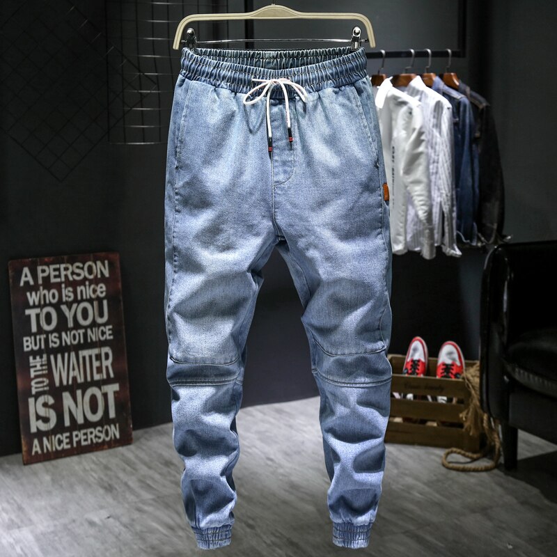 Pantalones vaqueros bombachos para hombre, vaqueros de cintura elástica, color azul claro, talla grande 5XL, 6XL, 7XL, novedad de otoño,: 5 XL