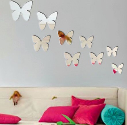 Mooie vlinder creatieve muur spiegel sticker, 3D acryl muur spiegel sticker decoratie, 9 stks per set