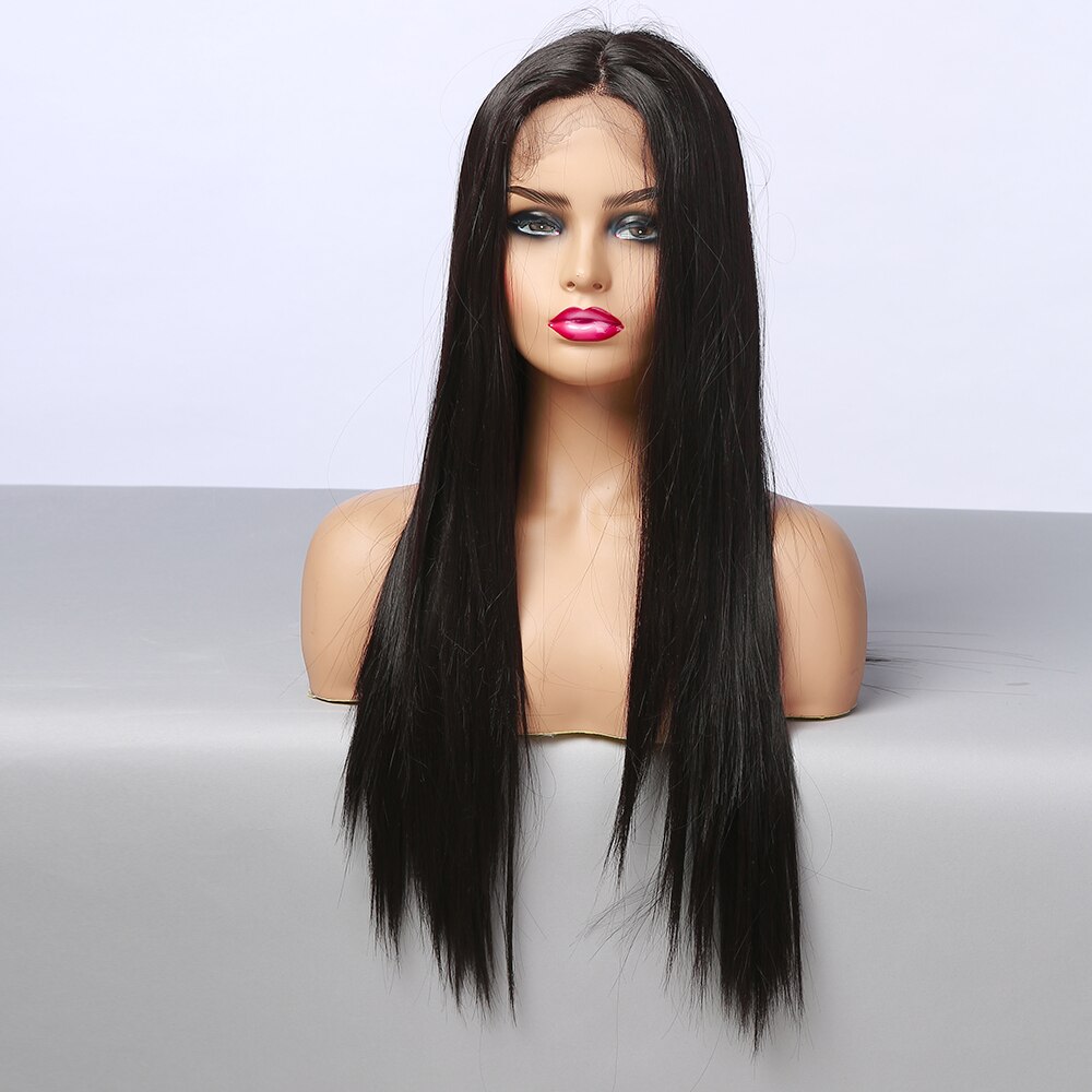 ALAN EATON Middle Part Cosplay Black Lace Wigs for Women Natural Long Straight Synthetic Lace Front Hair Heat Resistant Fiber