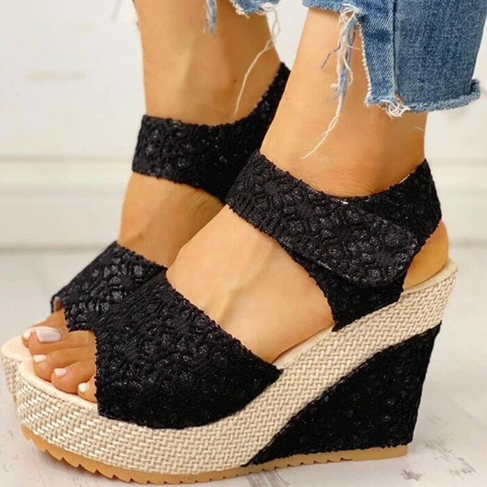 Sandales à talons compensés pour femmes, chaussures d'été à plateforme, en dentelle, à la , à bout ouvert, pour mariage, décontracté, grande taille: black / 38