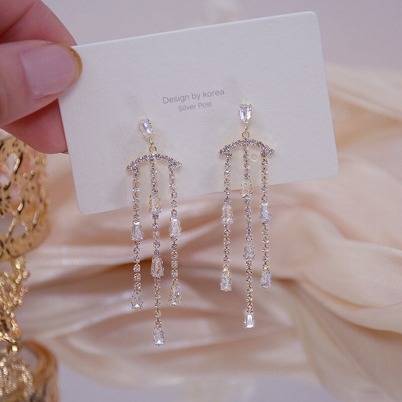 Trendy Korean Long Tassel Bohemia Earring Exquisite AAA Zircon 14K Real Gold Earring Wedding Bridal Jewelry Brincos