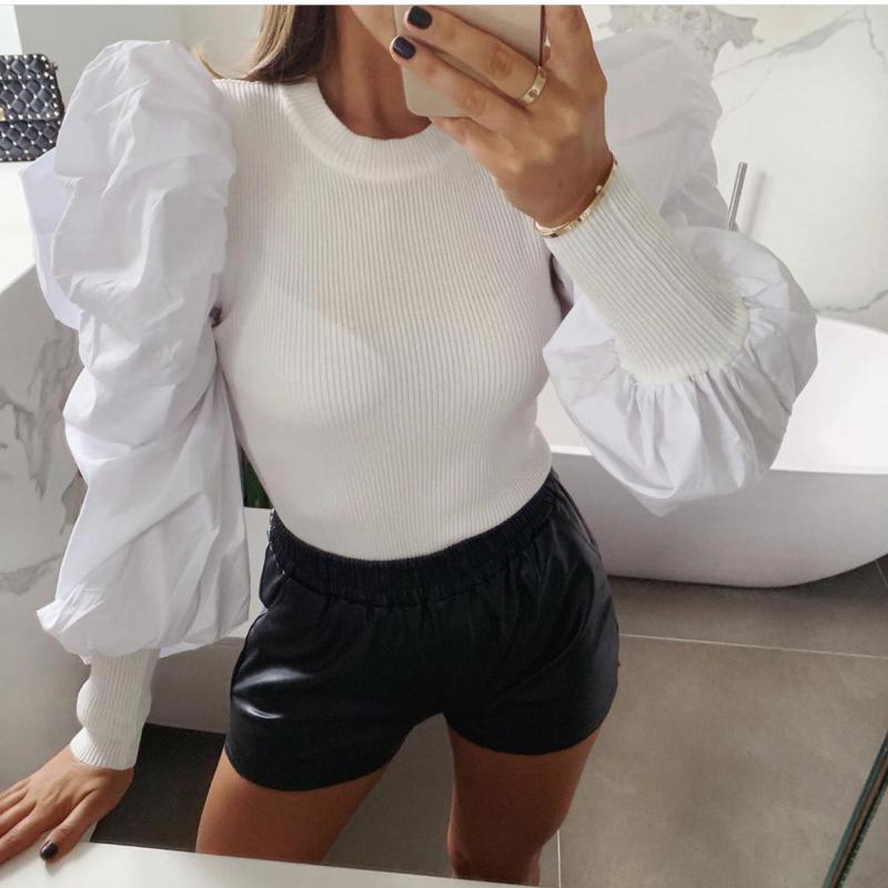 New White O Neck Hollow Out Cotton Shirt Puff Sleeve