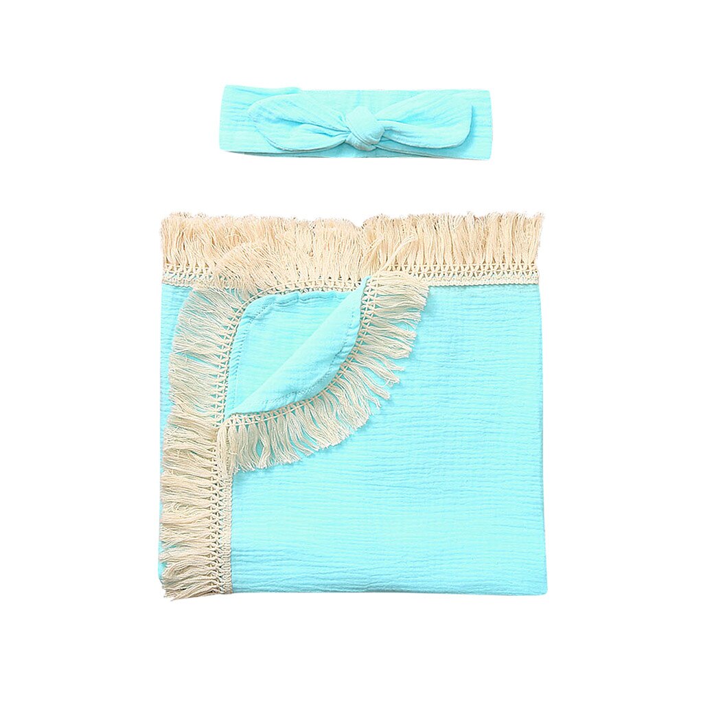 Couverture pour -né en mousseline unisexe, à franges, couleur unie, pour bébé, lange d'emmaillotage: Blue