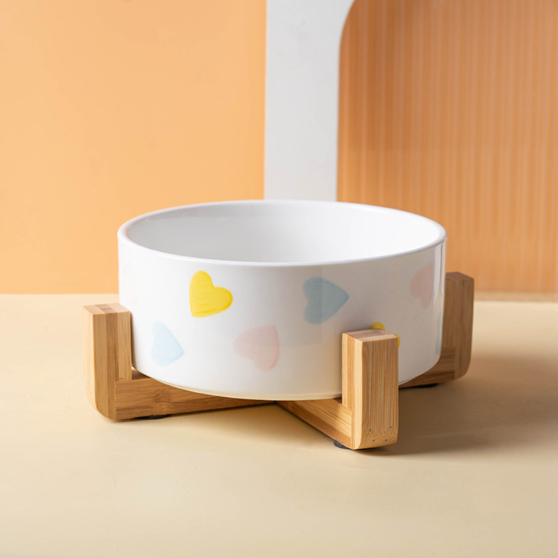 Ceramics Dog Bowl with Wood Mat Wide Mouth Feeding Bowls Food and Water Pet Feeder for Cat Puppy Protecting Cervical Spine: M / Gold