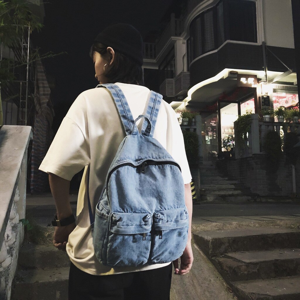 Denim Backpack Women Canvas Travel Bag Women High Capacity Solid Color Backpack Student Zipper School Bag