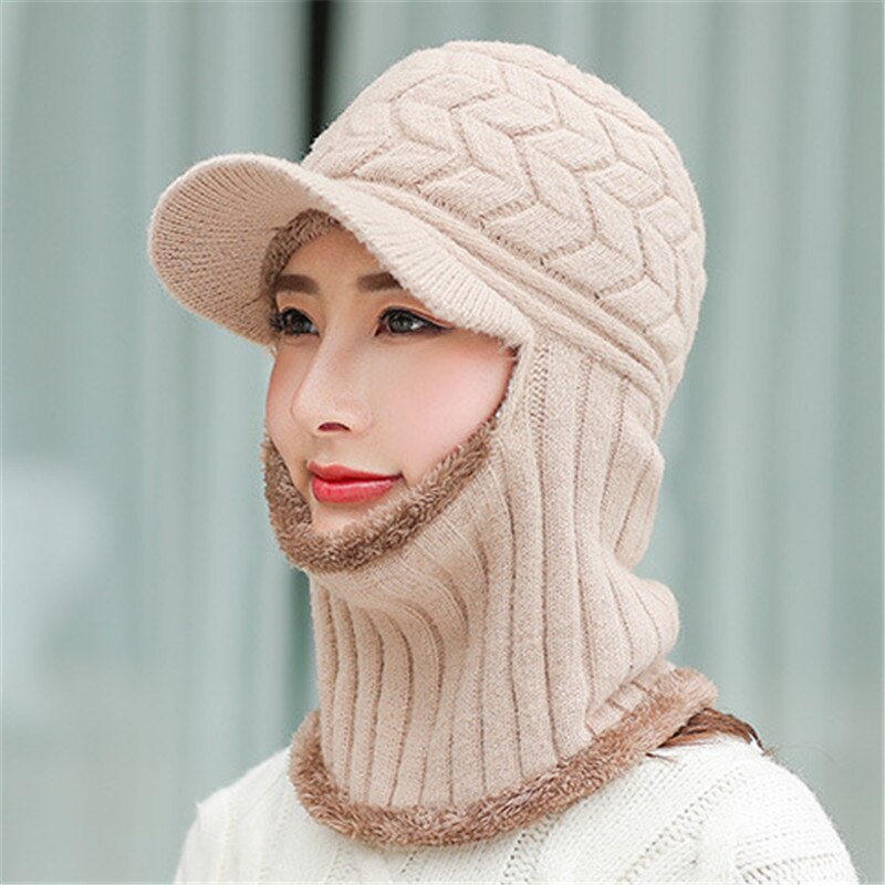 Double-Use Women Warm Knitted Hat Scarf Hooded Collar Elastic Winter All-Match Adult Teen Thick Soft Neck Warmer Female Caps: KHAKI