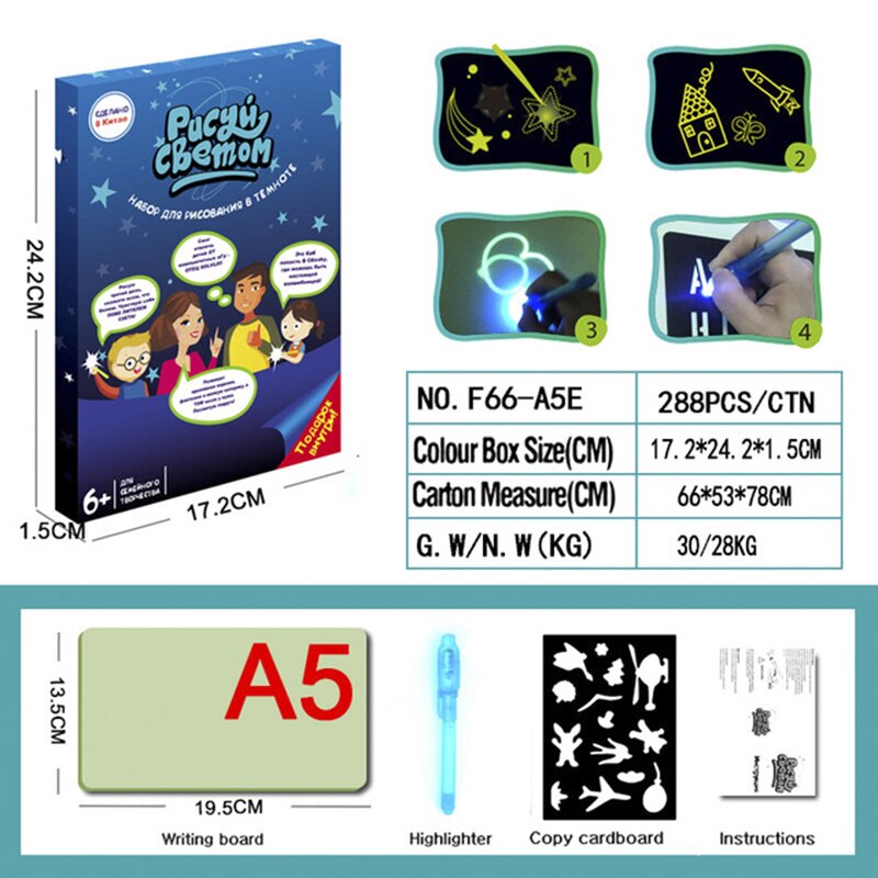 Tablero de dibujo luminoso mágico para niños, tableta de juguete para dibujar en la oscuridad con bolígrafo fluorescente, luz rusa, juguetes educativos para niños: Russian A5