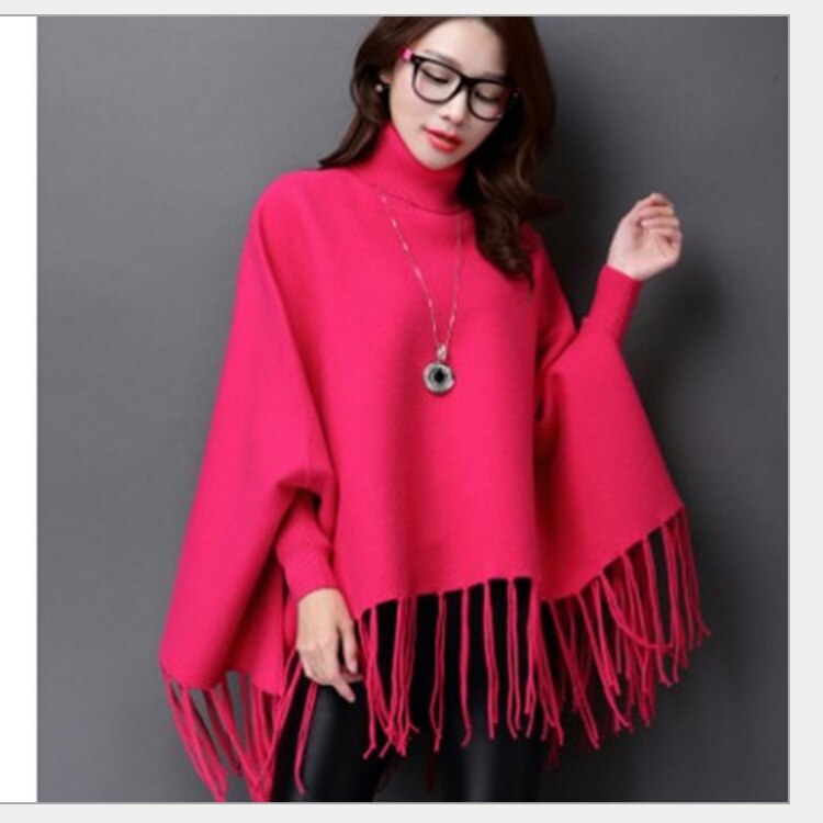 Pull cape à col roulé pour femme, pull ample à pompons, manches chauve-souris, couleur unie, vêtements pour femmes: Noir