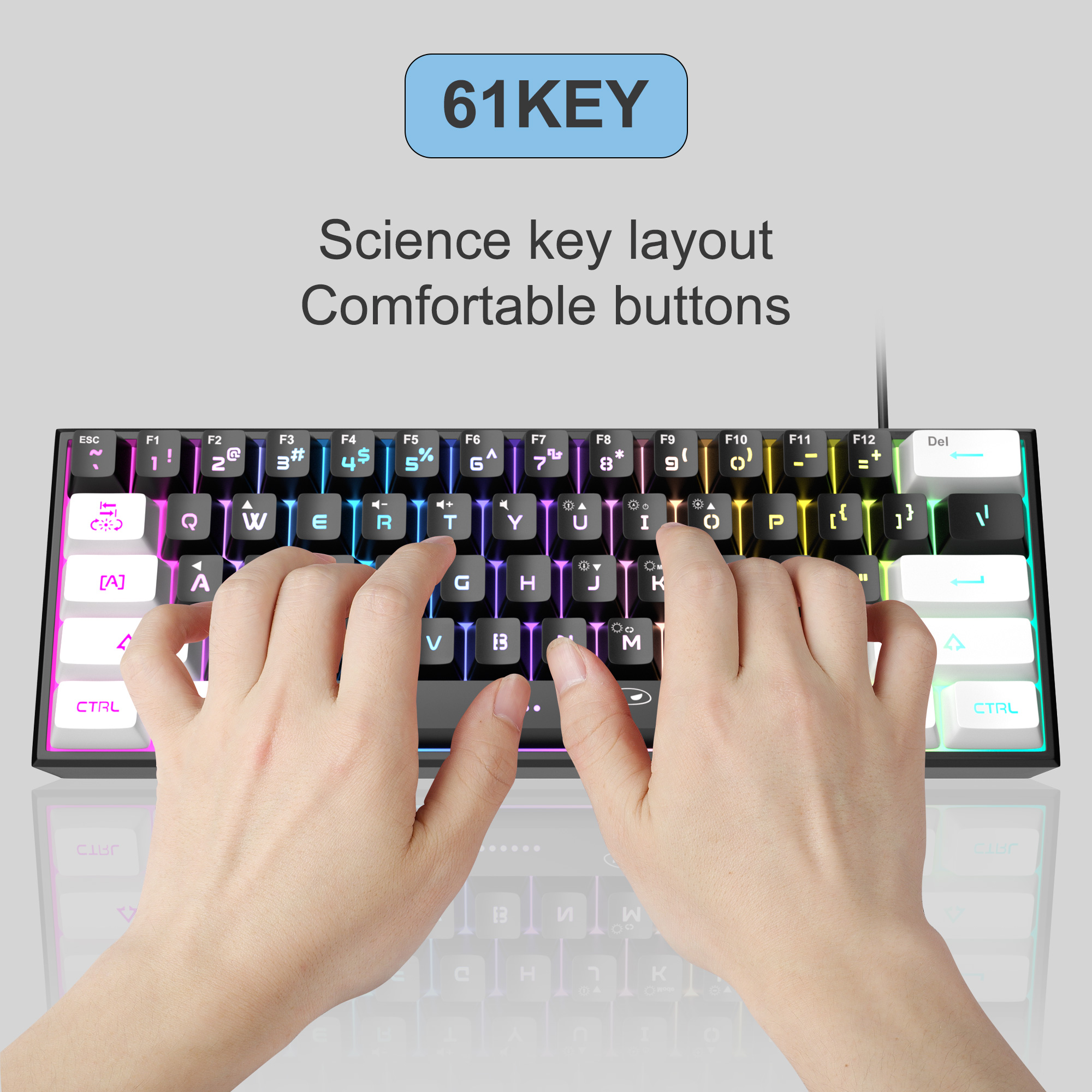 MageGee TS91 60% kompaktowa klawiatura przewodowa 61 klawiszy podświetlenie RGB mała przenośna klawiatura membranowa komputera biurowego dla komputera z systemem Windows