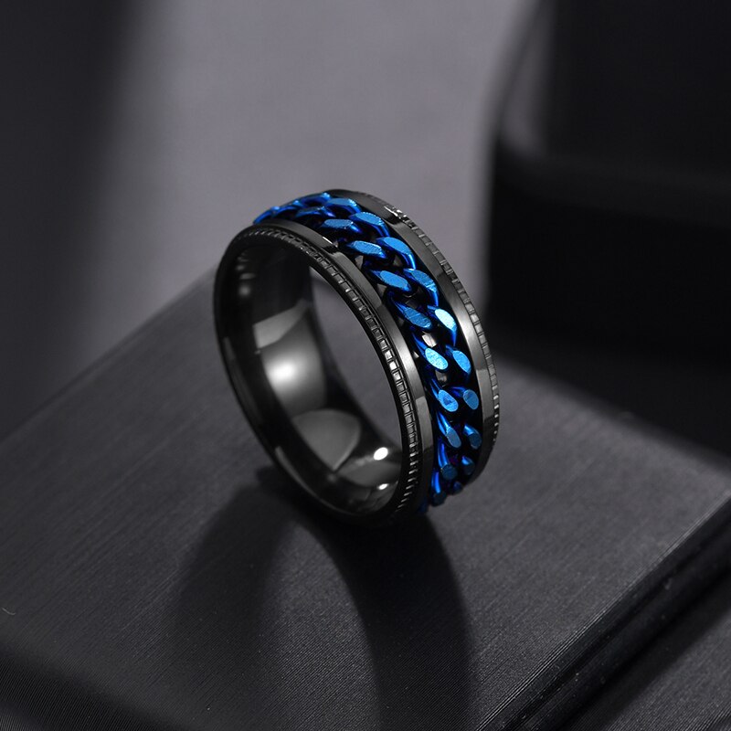 FDLK 8mm Cool Black &amp; Blue Spinner Chain Ring For Men Stainless Steel Rotatable Chain Ring Male Punk Jewelry: 13 / Blue