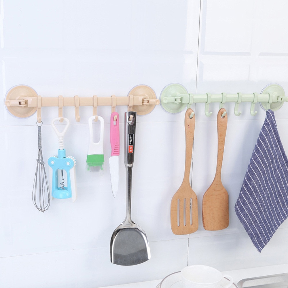 Wall Vacuum Rack Suction Cup 6 Hooks Towel Bathroom Kitchen Holder Sucker Hanger 34.5*7.1cm For home Kitchen Bathroom Hanger
