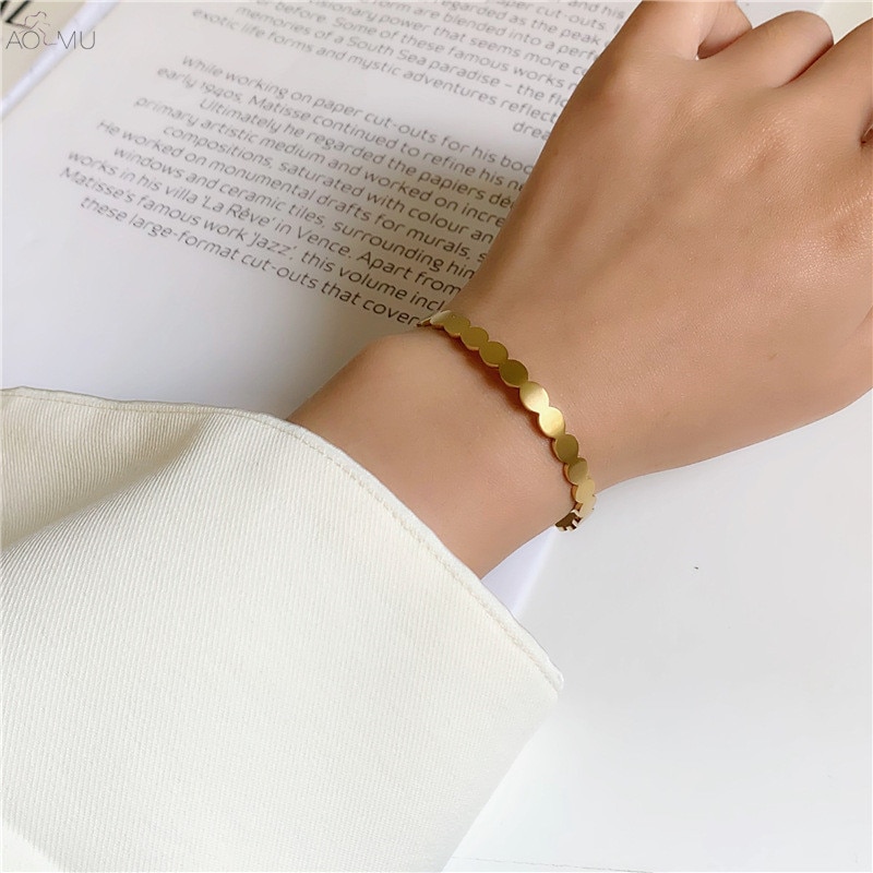 AOMU nueva Simple Oval empalme geométrico titanio acero pulsera abertura de Color dorado brazalete ajustable para joyería de las mujeres