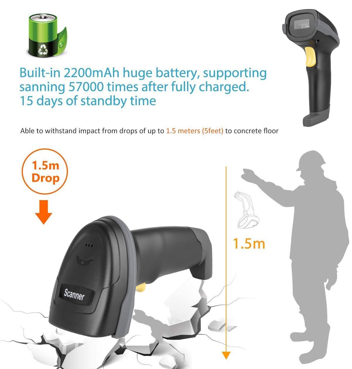 Hstem 2.4G Wireless Bluetooth Barcode Scanner QR PDF417 Data Matrix Handheld Bar Code Reader Support Automatic Sensing Scanning