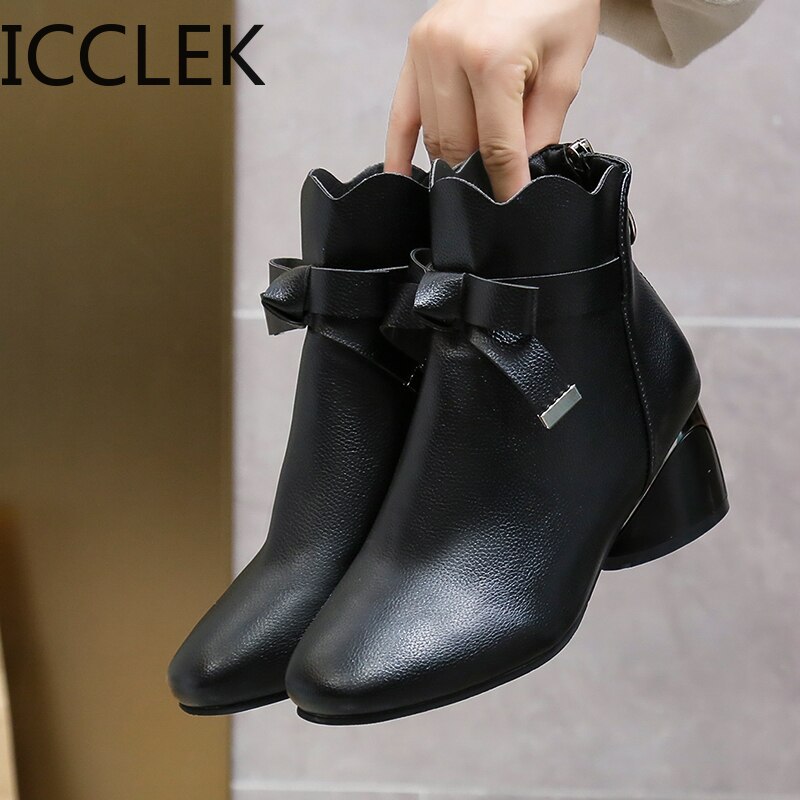 Women Ankle Boots Autumn Winter Shoes Med Heels Bare Boots Bow Dress Shoes Female Boots Wave White Botas Mujer