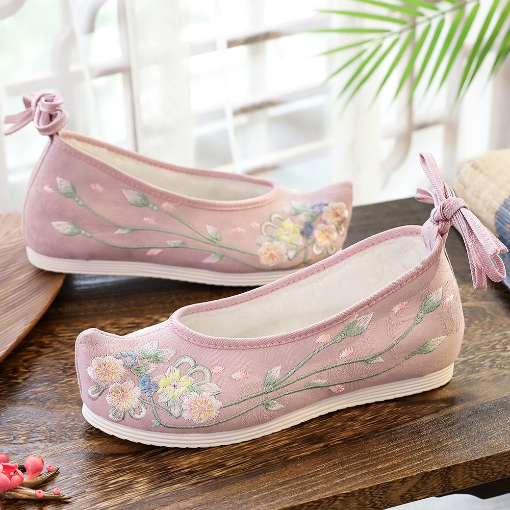 Veowalk Vintage Geborduurde Winter Schoenen Met Bont Voor Vrouwen, Dames Ademend Chinese Katoen Spitse Neus Schoenen Wit