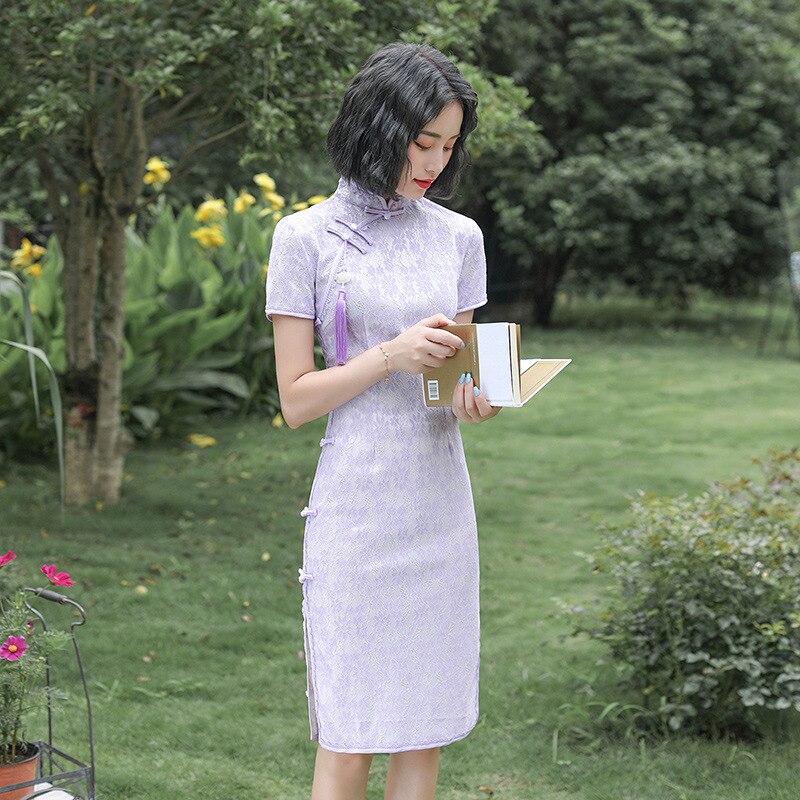 Fzslcyiyi 3 kleuren dames kant qipao jurk korte mouwen cheongsam traditionele kleding chinese nieuwste kant knielange qipao