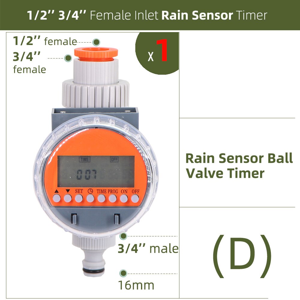 Garden Watering Timer Rain Sensor Solar LCD Double Dial Controller Watering Irrigation 1/2'' 3/4'' Tap Joint Solenoid Ball Valve: D-1PC