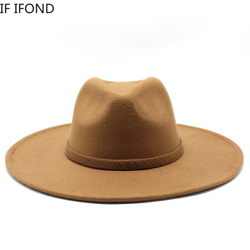 9.5CM Women Men Big Wide Brim Wool Fedora Hat British Style Winter Gentleman Lady Jazz Church Hats