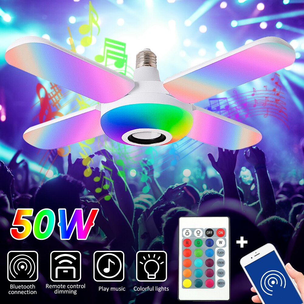 RGB Four Leaves Bluetooth Music Light 50W E27 Foldable LED Bulb With Remote Control Bluetooth Smart Speaker Colorful Fan Lamp