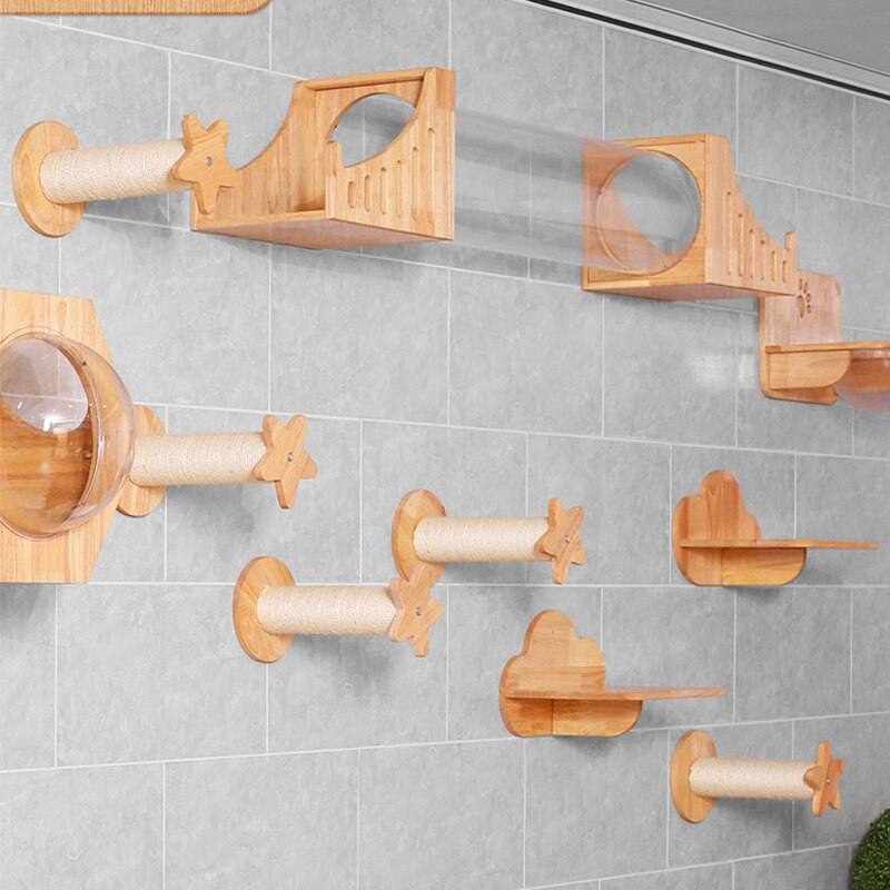 Wall-mounted Cat Bridge Cat Tree House Climbing Frame Star Scratching Post Cat Ladder Step Kitten Jumping Platform Pet Furniture