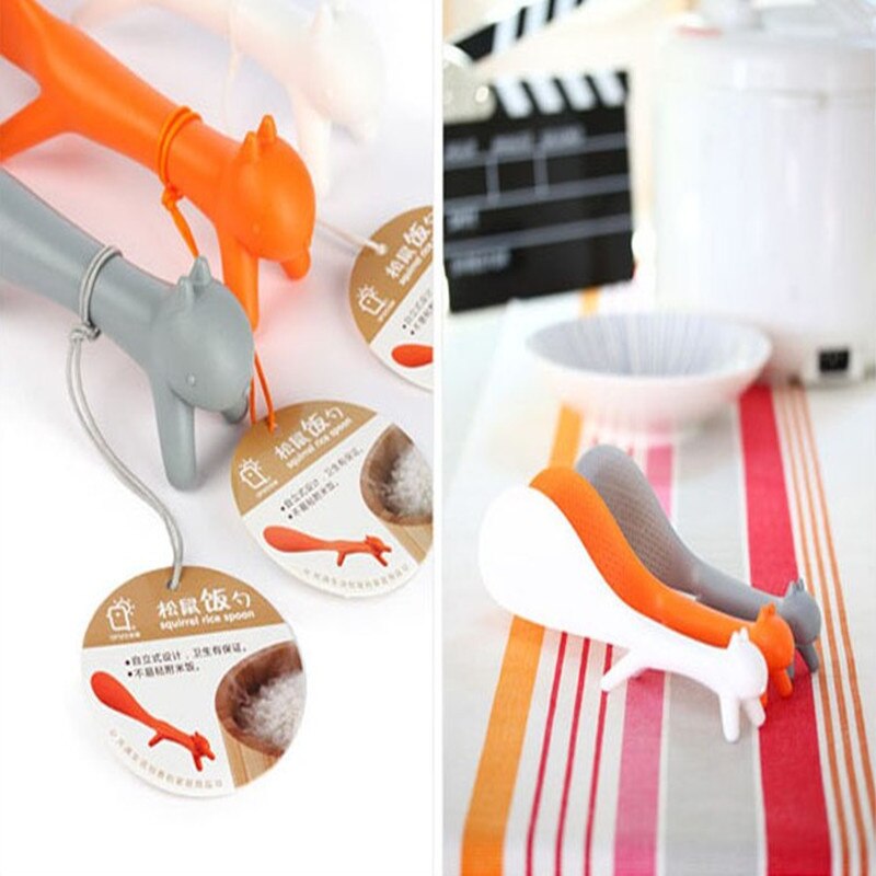 1 ud. De utensilio de cocina de pie para gachas, cuchara para arroz, cuchara para arroz, encantadora forma de ardilla, antiadherente, cuchara para comida Gris, Naranja, Blanca