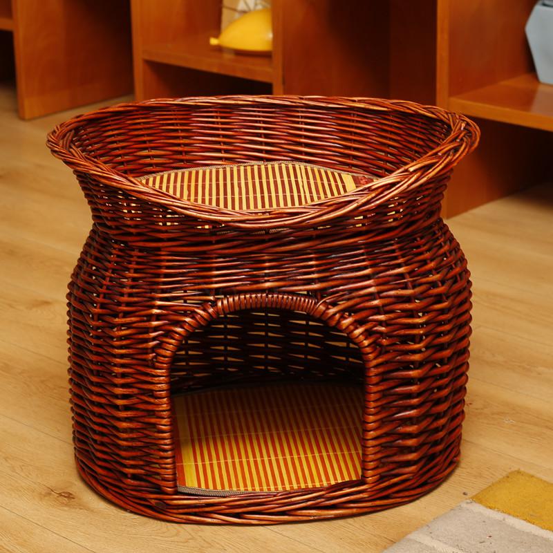 Nido de gato de verano de ratán, casa de gato universal para las cuatro estaciones, casa de campo, jaula de gato de doble capa, suministros de gatos extraíbles, nido de perro