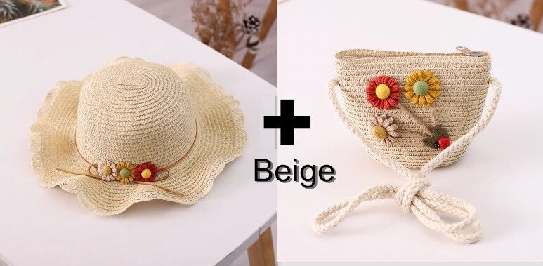 Chapeau et sacs en paille à fleurs pour enfants, ensemble deux pièces décontracté pour filles, sac à bandoulière + chapeau de soleil pour bébé, plage, panama, gorros: 002