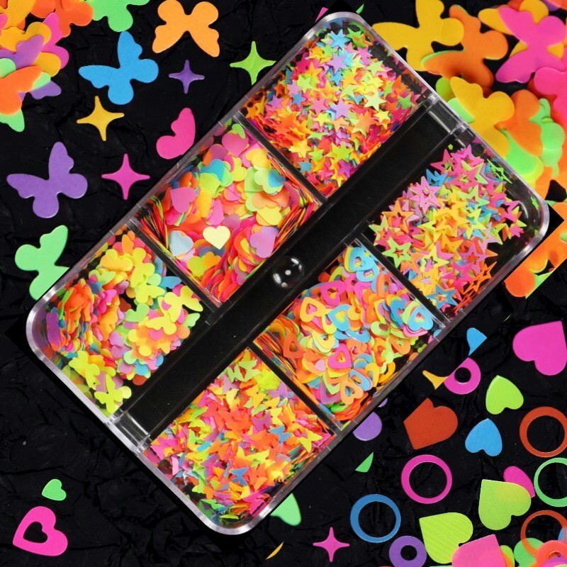 Neon- Herz Schmetterling Nagel Pailletten einstellen Irridescent Stern Blume 3D Charme Flocken Dekoration für Nagellack funkeln Zubehör