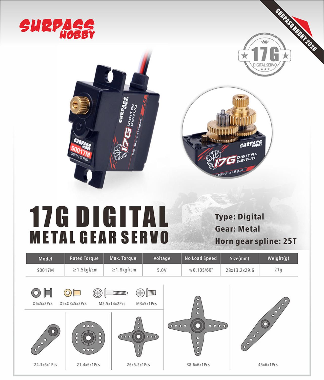 SURPASS Hobby Servo digitale 9G 17G 25G 6KG 9KG 15KG 20kg Servo ingranaggi in metallo per 1/8 1/10 RC auto barca condotto aereo aereo Robot: 17g S0017M