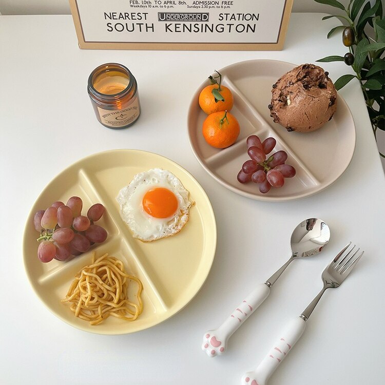 Ladycc Koreaanse Matte Ronde Eettafel Plaat Keramische Drie Raster Plaat Fruit Ontbijt Platte Plaat Kinderen Eetkamer Plaat