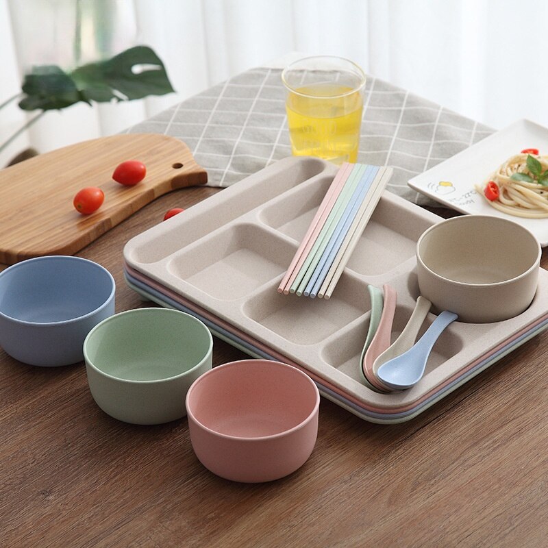 Assiette incassable en plastique, paille de blé, compartiment en plastique, cantine ménage, service de couverts, accessoires de cuisine, service de vaisselle