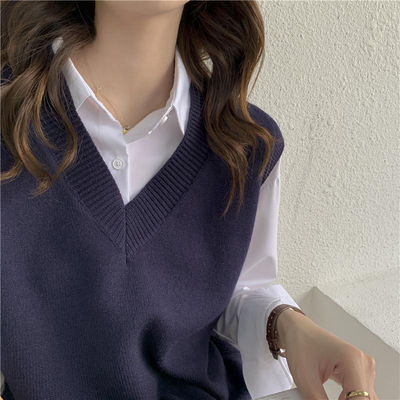Sweater Vest Women V-neck Solid Simple Slim All-match Casual Korean Style Teens Chic Autumn Winter Sleeveless Sweaters: Blue / XL