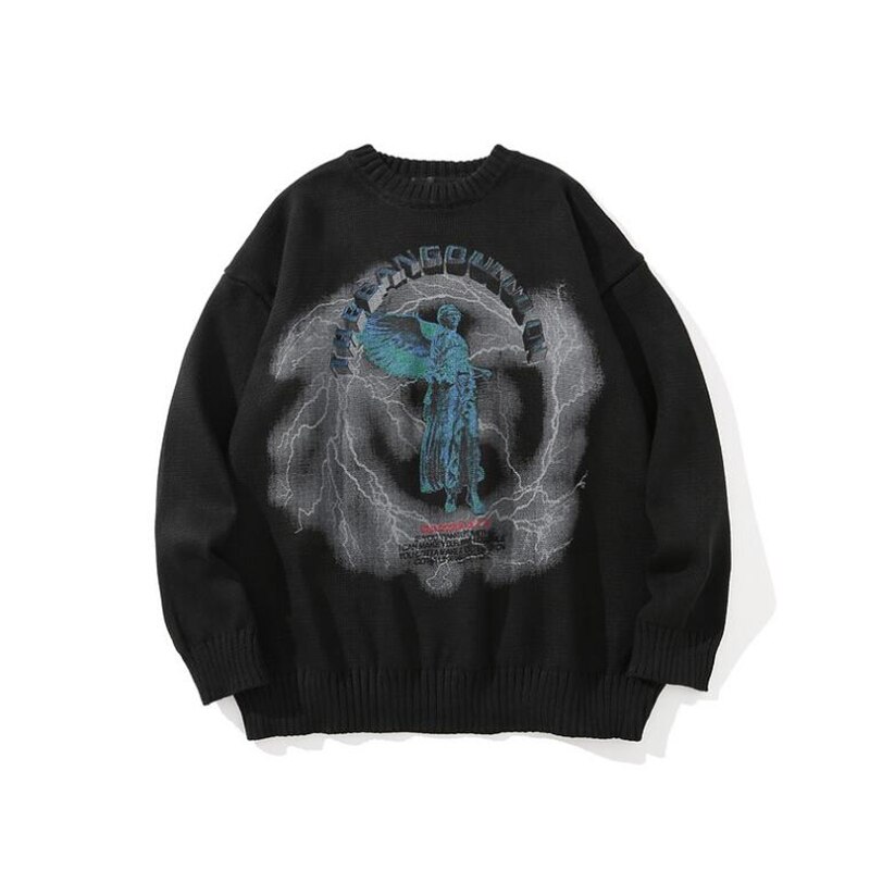 Herfst- en wintertrui voor heren, ronde hals, originele high street donkere graffiti engel print trui: Zwart / M