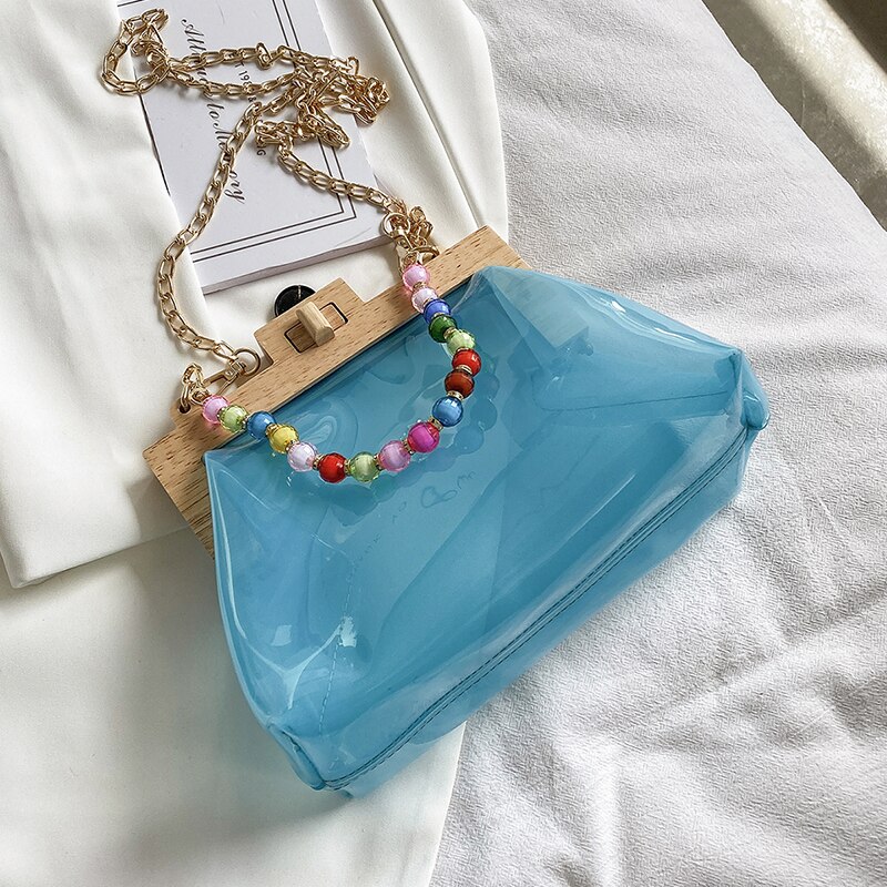 Transparent Jelly Tote bag Summer High PVC Women's Handbag Chain Shoulder Messenger Bag Travel Bag: 25 CM Blue