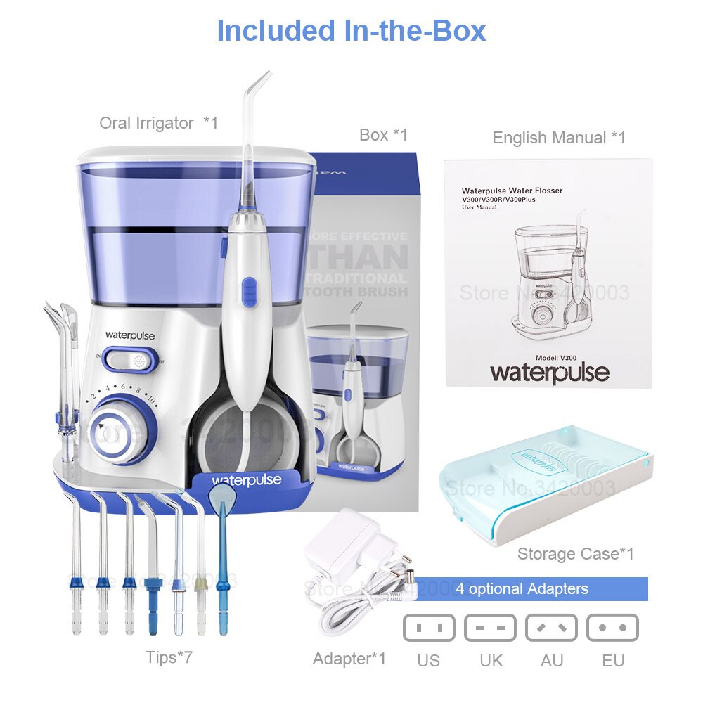 Waterpulse V300 800ml Dental Flosser Orale Irrigatore Dentale Flosser Acqua Igiene orale Denti Pulitore Dentale Flosser con 7 Ugelli: Blu / Spina degli stati uniti