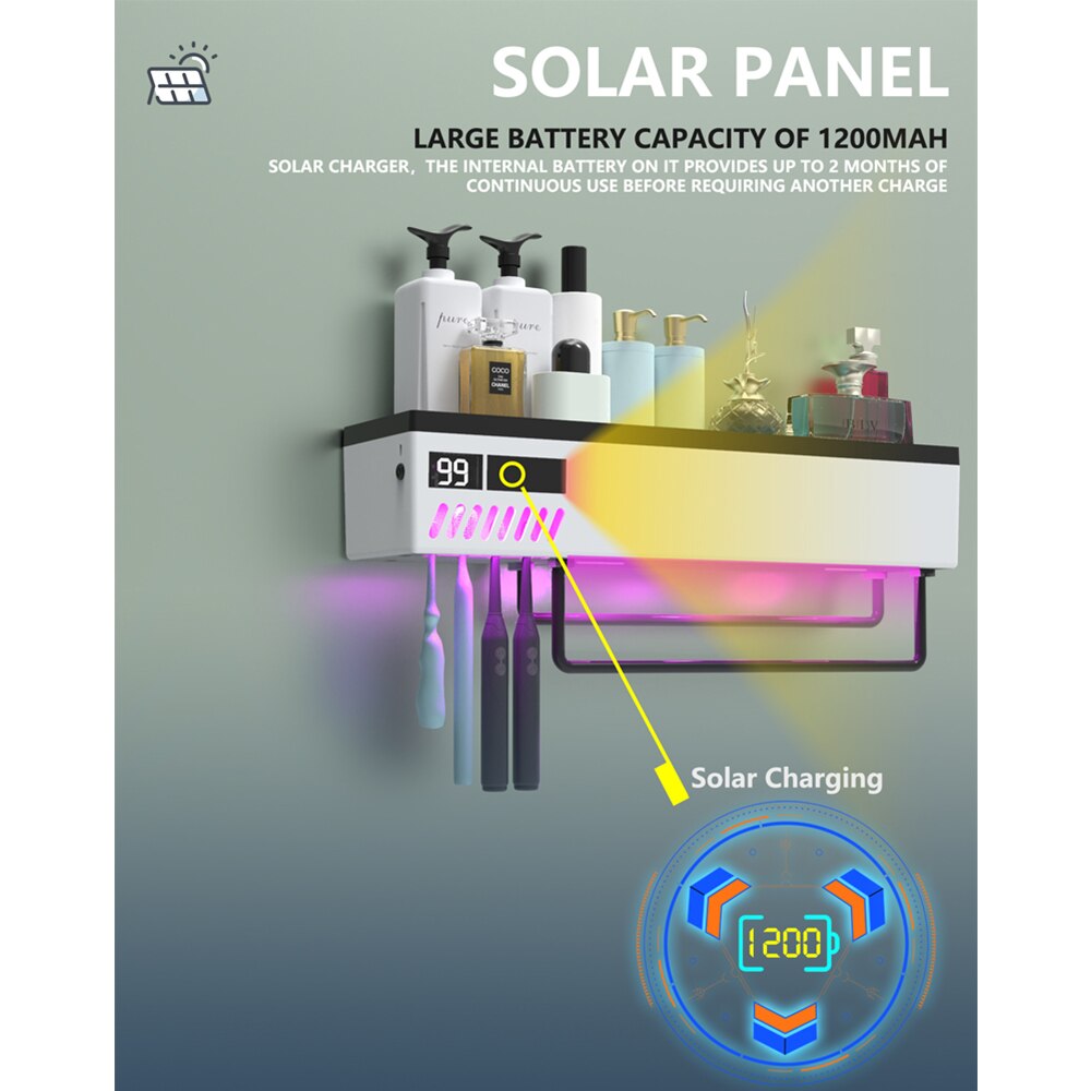 Solar Energy Smart Ultraviolet Disinfection Toilet Towel Rack Toothbrush Sterilizer Holder Light Energy Bathroom Storage Shelf