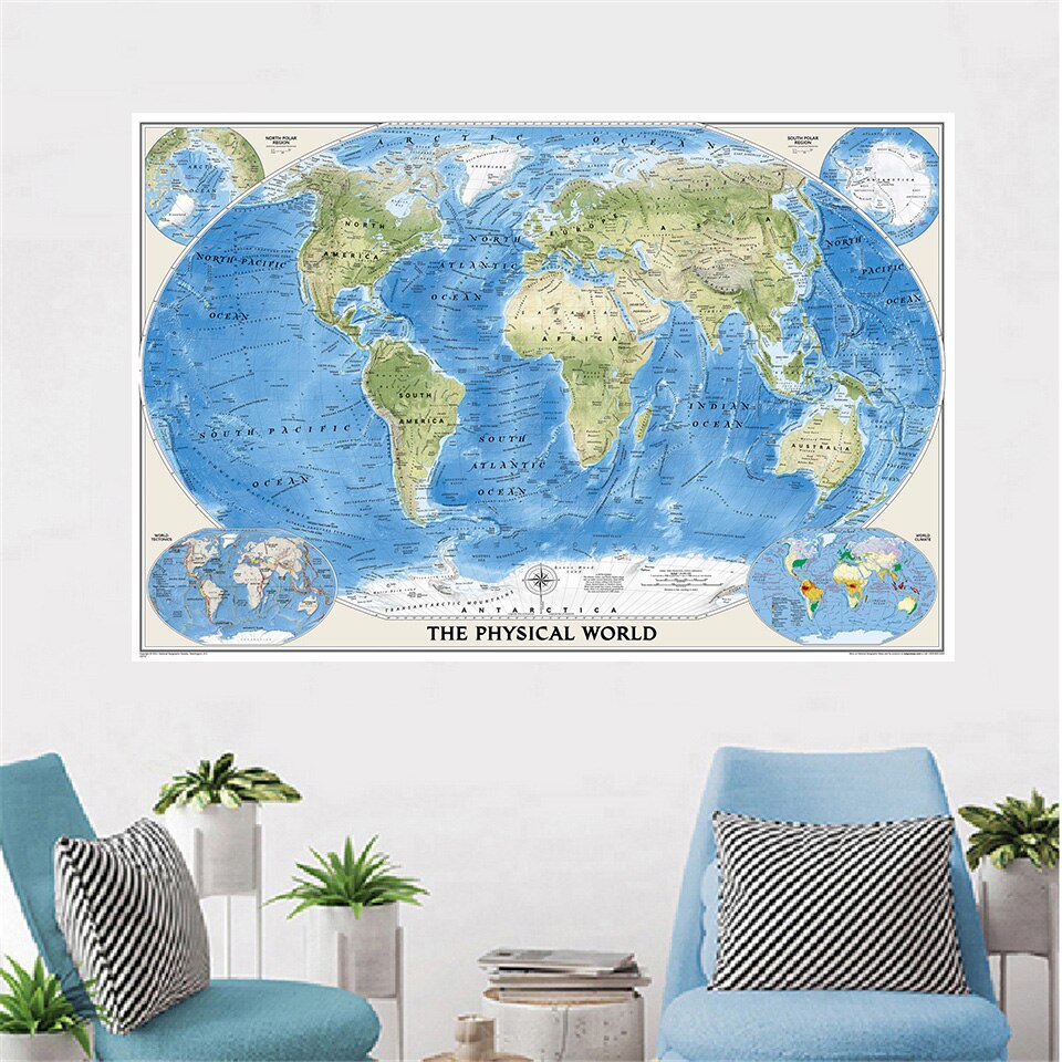 225*150 cm verdenskortet med verdens tektonik og klima stor plakat non-woven lærred maleri hjem dekoration skoleartikler