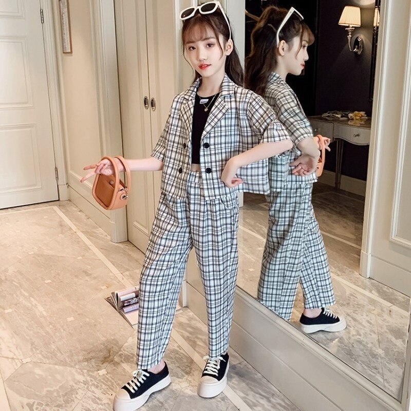 Summer Girls Suit 2022 Plaid Short Sleeve Blazer Vest Pants 3pcs Children's Clothing Set Casual School Teenage Kids Outfits