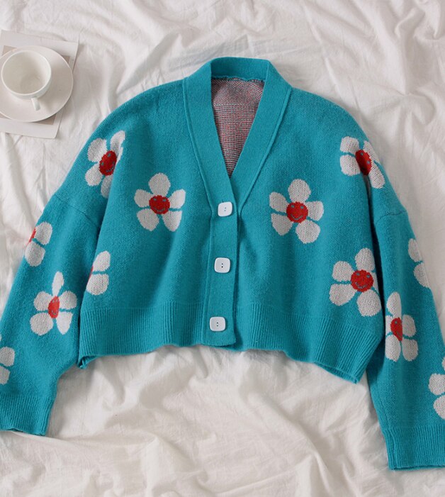 Retro japanilaistyylinen kukka neule neuletakit neulepusero naiset v kaula löysä elegaht paksu femme print lyhyt rento takki