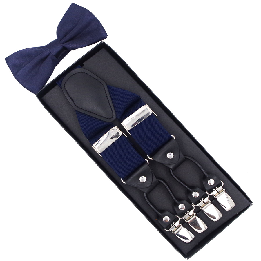 JIERKU Suspenders Set Man&#39;s Braces with Bow Tie 6 Clips Suspensorio Trousers Strap Father/Husband&#39;s TZBD001: Navy Blue