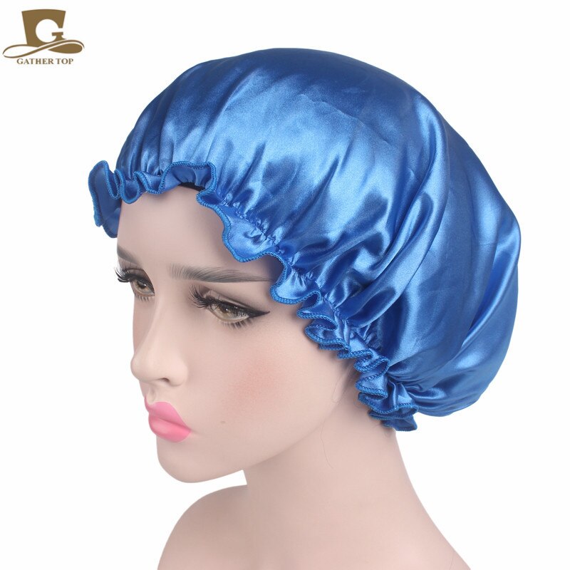 Gorro de noche de seda de mora para el cabello, gorro de ducha de seda pura para dormir, toalla para el cabello, accesorios para el baño: blue