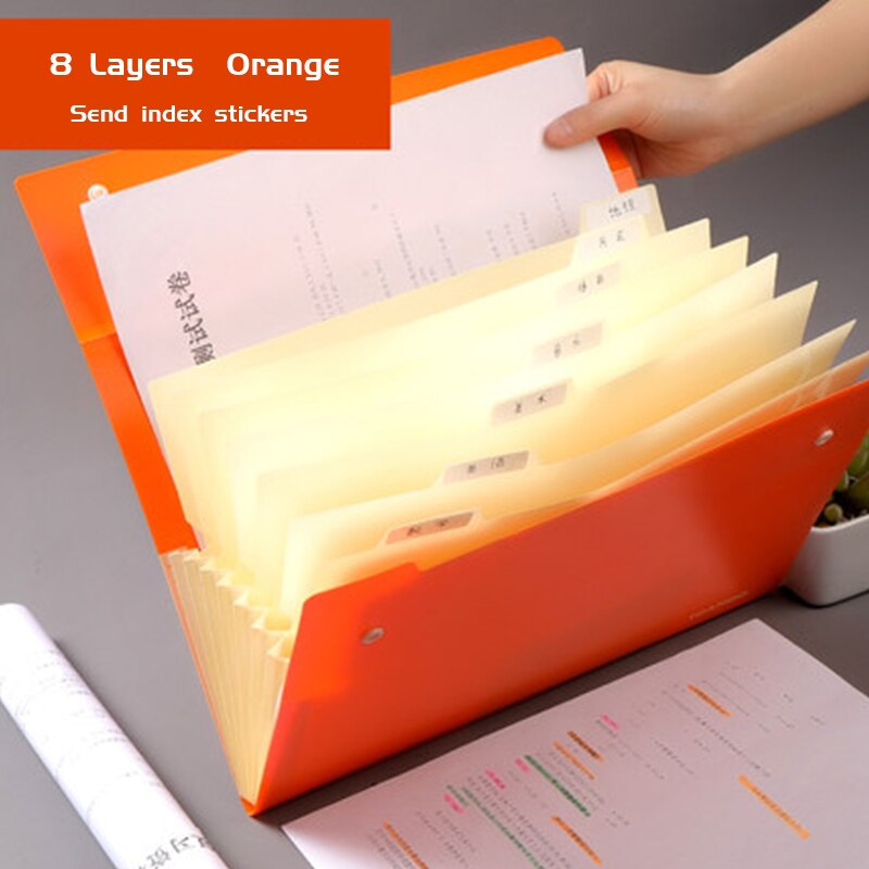 Papirvarer og plast multi-lags stor kapacitet 8-- lags orgeltaske bærbar studenteropbevaringspose-filmappe: Orange