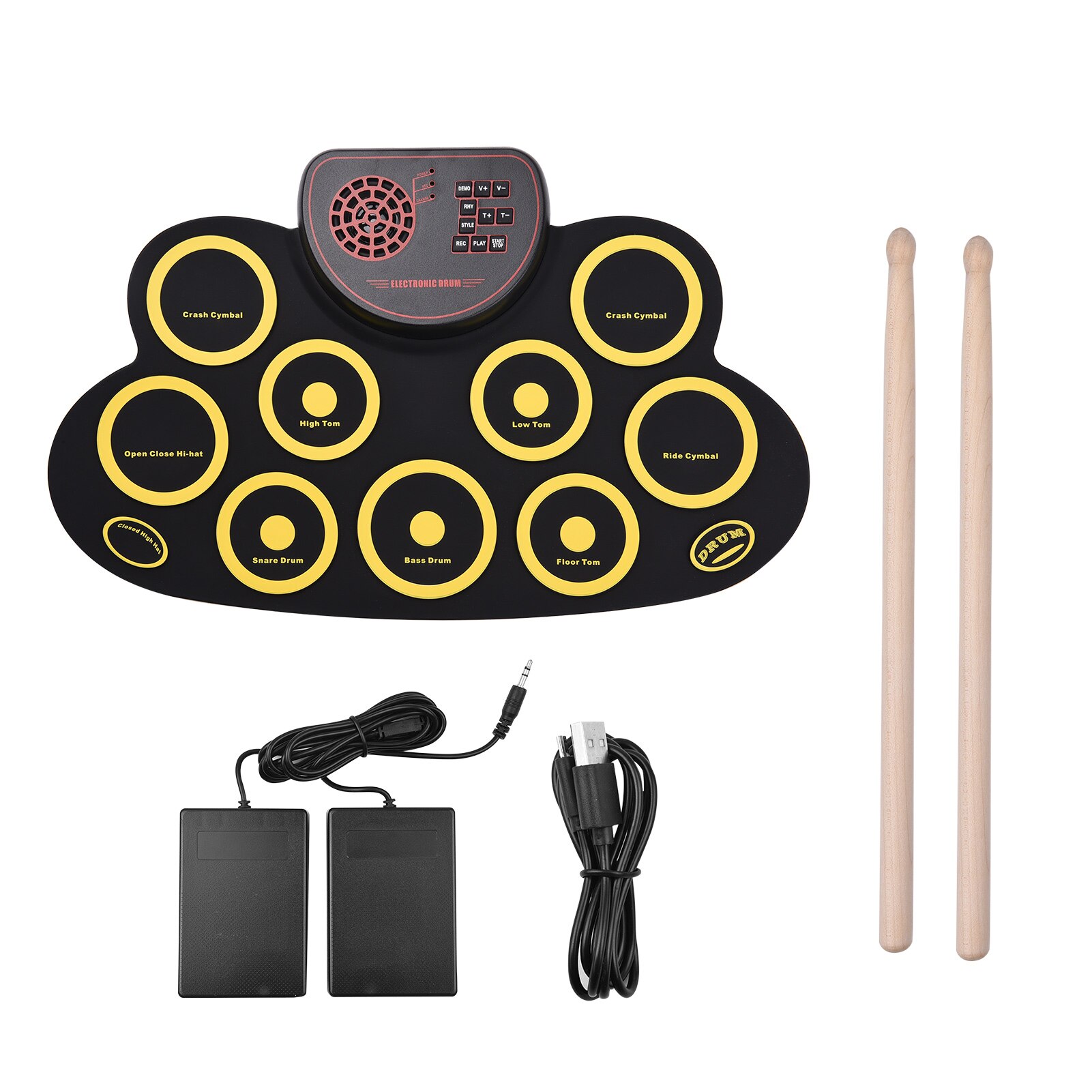 Portable Electronic Roll-up Drum Pad Silicon Digital Drum Pad Audio Output & Record Functionput with Foot Pedals Drum Sticks