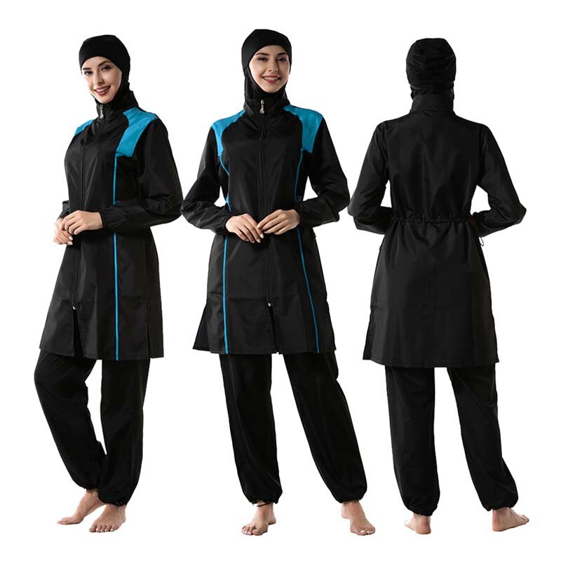 BAILUNMA Women Burkinis Muslim Swimwear Trousers Hooded Swimsuit Hijab Three-piece Sport Islamic Beachwear M015