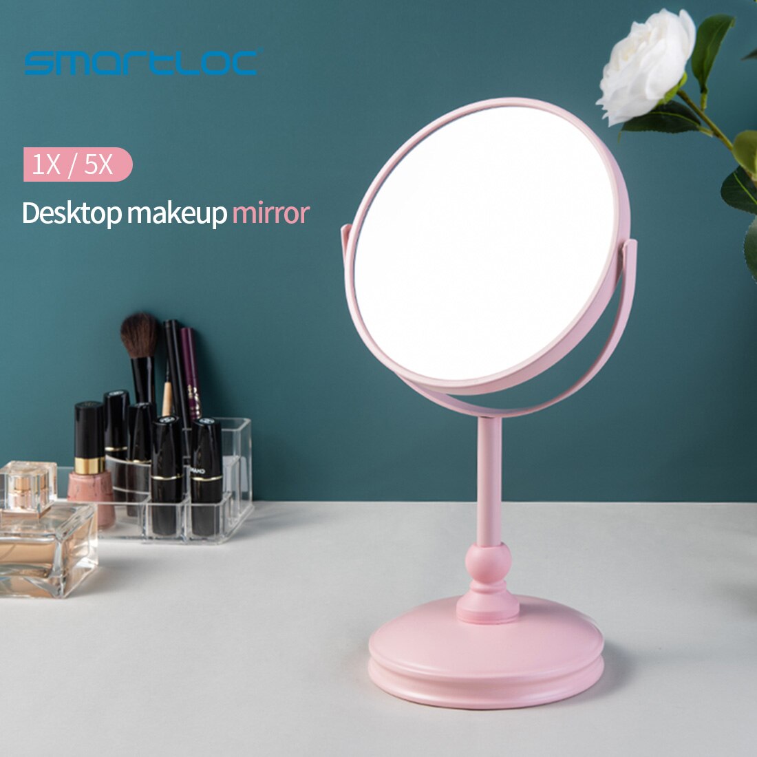 Espejo de maquillaje compacto giratorio de 2 caras, espejo redondo de doble cara para escritorio, con aumento de 5X, con de tocador